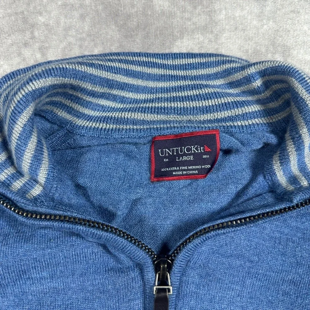 UNTUCKit Mens L Blue Extra Fine Merino Wool Quarter Zip Sweater Large